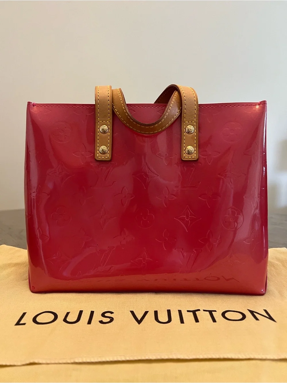 Louis Vuitton Patent Vernis Tote in Glossy Pink with Tan Handles